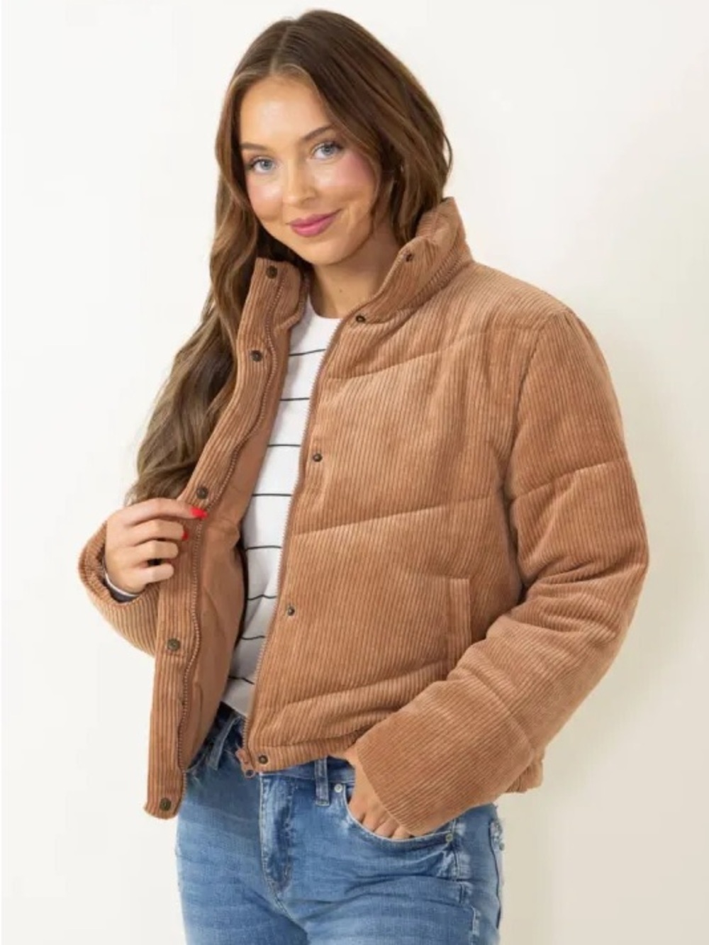 Love Tree Corduroy Puffer Jacket in Tan - Women